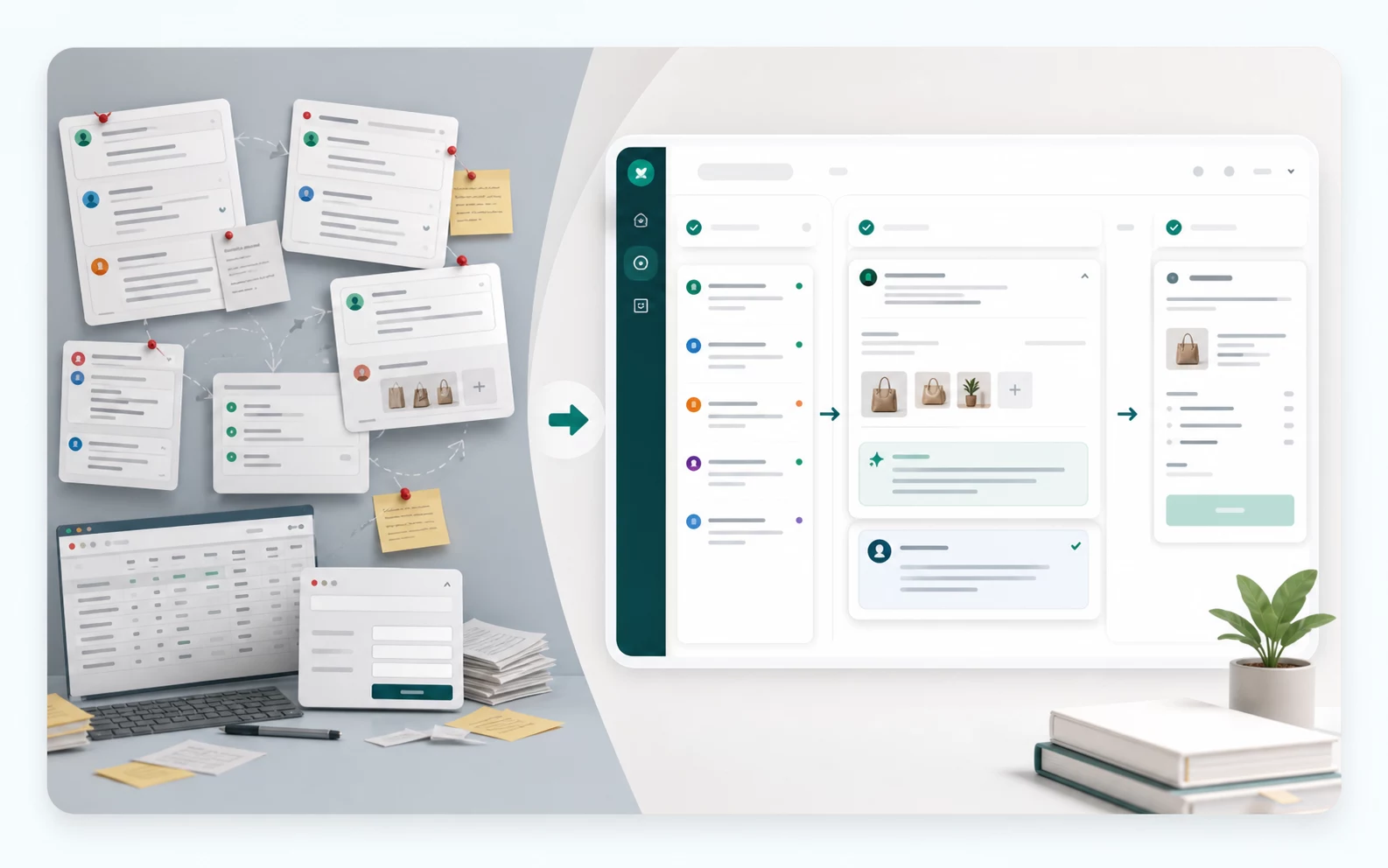 Minh hoạ sự thay đổi từ inbox rời rạc sang cách xử lý rõ ràng với Sellora