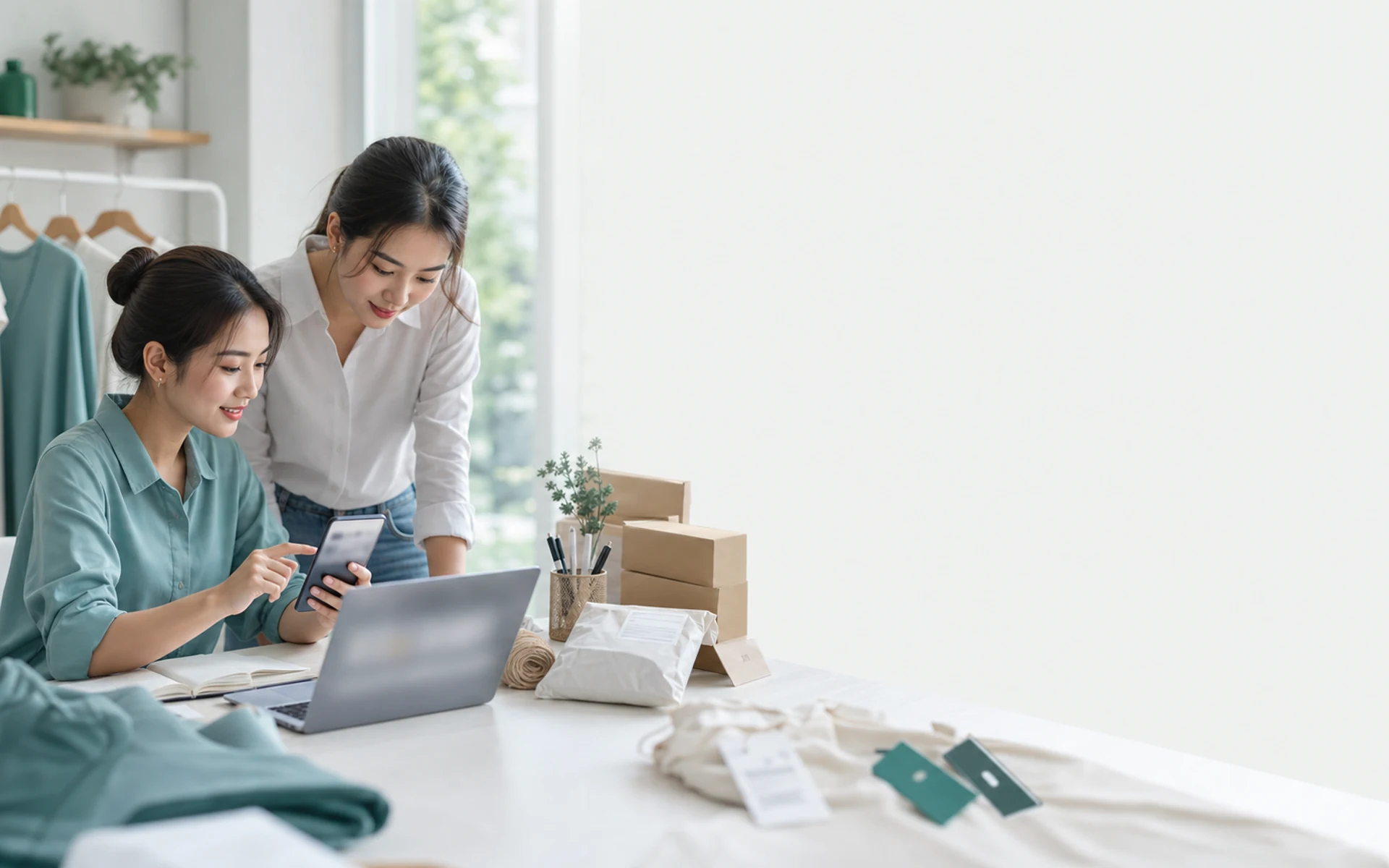 Hai nhân viên shop đang xử lý tin nhắn khách và chuẩn bị đơn hàng